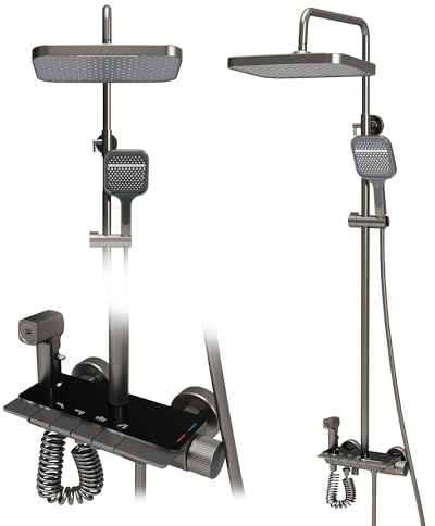 VANCOCO Duschsystem Komplettset aus Messing, Grau, ohne Thermostat | Regendusche, Handbrause, Bidetsprayer und unterer Wasserauslass, wassersparende Duscharmatur