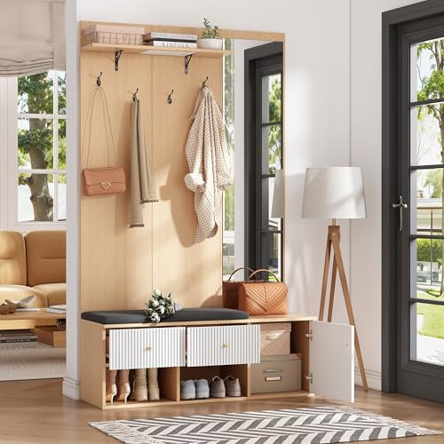 dowowdo Flurgarderobe Set 120×40×200 cm – Garderobenset Flur mit Spiegel, Schuhbank, Schubladen & Haken, Holz Weiß