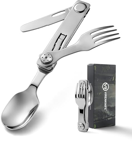 VIRENKNIFE 3-in-1 Camping-Besteck, abnehmbares Taschenbesteck mit Klapplöffel, Gabel und Messer, Edelstahl-Besteckset für Outdoor, Camping und Wandern, leicht zu transportieren