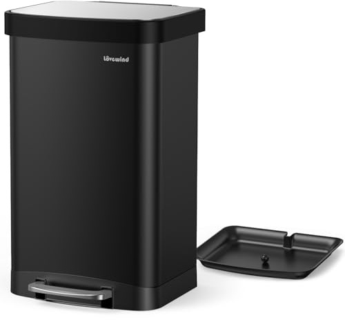 lovewind 60L Mülleimer Küche,Pedal-Behälter mit Soft-Close Deckel,Aus Metall gefertigt,Mit herausnehmbarer Reinigungsschale,geeignet für den Innen- und Außenbereich,ideal für Küche und Büro,Schwarz