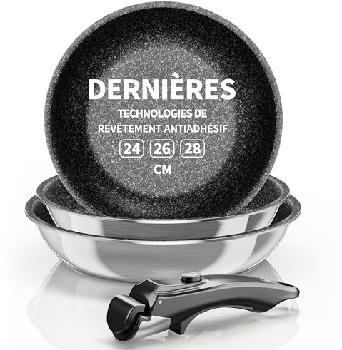 Kiseely Lot de 3 poêles inox amovibles, Poignée Restant Froide, Manche Amovible,Revêtement antiadhésif, Compatible Induction & Four, Lave Vaisselle (SW1)