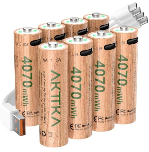 AKTTKA Rechargeable AA 1.5V Lithium Batteries 8-Pack, 4070mWh High Capacity | USB-C Charging Cable, LED Indicator, 6-Layer Protection, Long Lasting for High-Drain Devices, Quick 4 Hour Charging