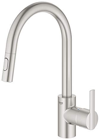 GROHE Robinet de cuisine évier Feel, Robinet Cuisine Douchette Extractible, Inverseur 2 jets, Zone rotation 360°, Installation et nettoyage facile, Supersteel, 31486DC1 (Import Allemagne)