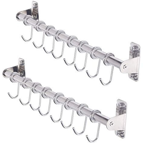 Dseap Pot Rack - Pots and Pans Hanging Rack Rail with 8 Hooks, Pot Hangers for Kitchen, Wall Mounted, Chromed, Pack of 2