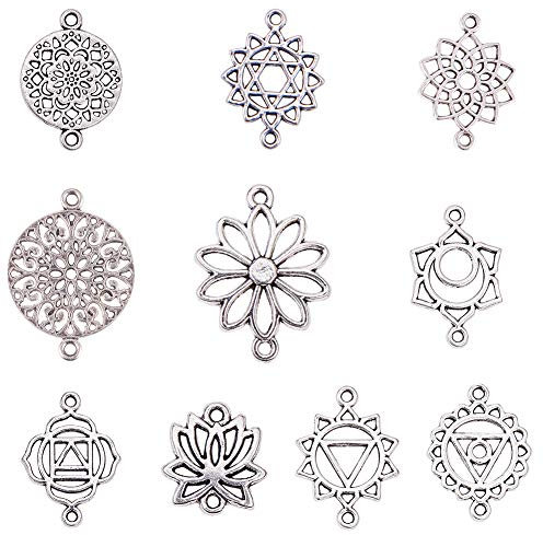 SUNNYCLUE 100Stück 10Stile Antik Silber Lotus Blume Des Lebens Verbinder Charms Chakra Schmuckzubehör Zubehör Für Die Herstellung von Ohrringen Und Armbändern Cadmiumfrei Und Nickel Frei Und Bleifrei