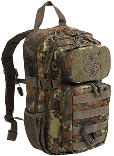 Mil-Tec US Assault Pack Kinderrucksack (14l) • Taktischer Rucksack für Schule, Outdoor, Militär, Wandern • 2 große Fächer + 2 Fronttaschen • Verstellbarer Schultergurt + Brustgurt • Farbe: Flecktran