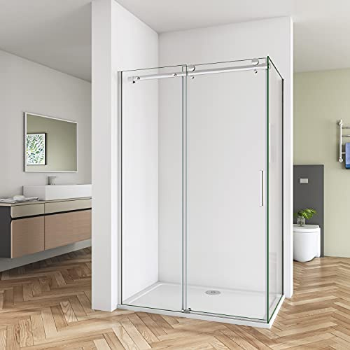 Biubiubath 1000mm Frameless Sliding Shower Enclosure Door 1950 Glass 800mm Side Panel Screen Cubicle and 1000x800mm Tray