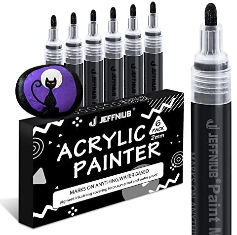 JEFFNIUB Feutre Acrylique Noir Marqueur Acrylique Pointe Large 2-3mm,Lot de 6 Feutre Peinture Acrylique Pour Verre, Metal, Textile, Bois, Galets Marqueur Permanent Noir