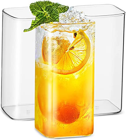 Ktnyl 2 Stück Bleifreies Quadratisches Glas, Glasbecher Trinkgläser, Highball- Gläser, Trinkgläser für Jedes Getränk und Jede Gelegenheit (400ML)