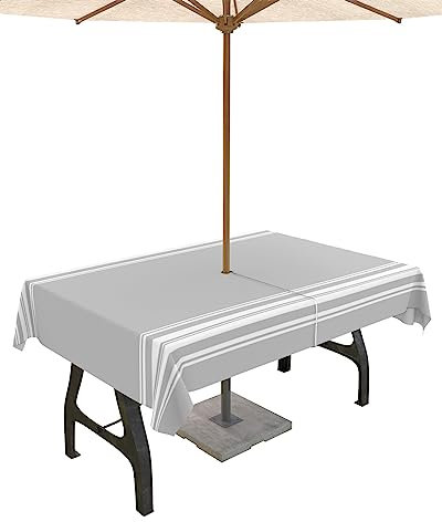 QueenKer Nappe d'extérieur rectangulaire imperméable avec trou pour parasol – Motif à rayures grises et blanches – Collection de table pour terrasse, jardin, pique-nique, camping, salle à manger –