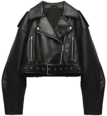 LY VAREY LIN Kurze Damenjacke aus Kunstleder, Revers, Reißverschluss, Biker-Kurzmantel mit Gürtel, 2371 Schwarz, Large