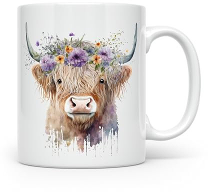SYNYEY Highland Cow Watercolour Print Ceramic Mug - 11 oz, Medium, White, Reusable, Microwave & Dishwasher Safe