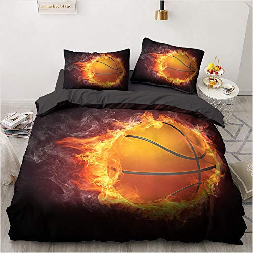 YASMENG Basketball Bettwäsche 135x200 Jungen Flamme Orange 3D Bettbezug Set Weich Mikrofaser Bettwäsche Basketball 2teilig für Jugendliche Kinder Geschenke mit Reißverschluss und 80x80 cm Kissenbezug