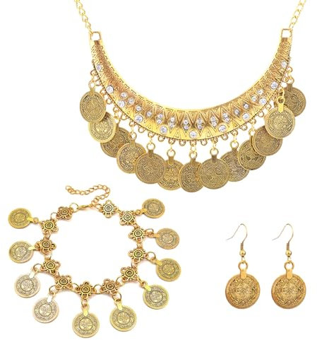 XQMMGO 4 Stück Wahrsagerin Schmuck Set, Indisch, Zigeuner Kostüm Accessoires, Ketten Gold set, Vergoldetes Bauchtanz-Schmuckset für Frauen, Für Mottoparty, Karneval