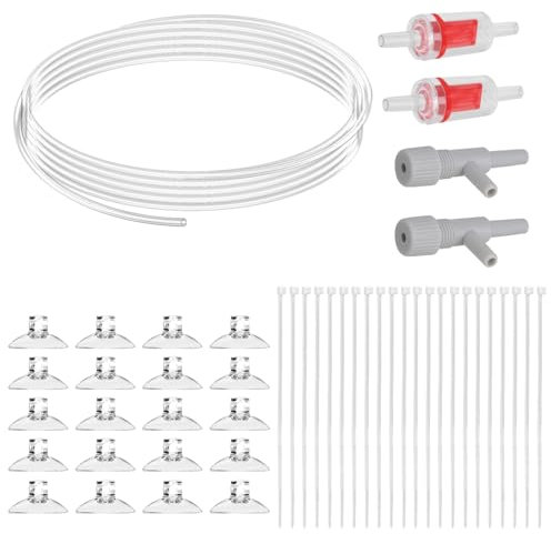 Lot de 45 Accessoires de Pompe à Air pour Aquarium, avec 4M Transparent Tuyau à air, 2 Valves de Contrôle, 20 Ventouse Clips, 2 Valve Regulateur, 20 Liens en Nylon pour l'Aération d'un Aquarium