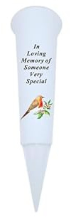 In Loving Memory Verse Graveside Memorial Grave Spiked Flower Vase (Someone Special, White with Robin Design)