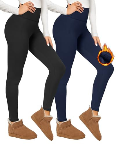 CAMPSNAIL 2er Pack Thermo Leggings Damen Im Winter, Gefüttert High Waist Thermohose Dicke Warm Fleece Leggins Blickdicht Für Sport (Schwarz/Marineblau,XXL)