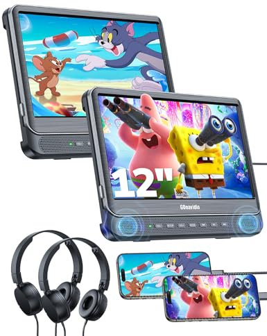 GOnavidio 12'' Dual Car DVD Players with HDMI Input, Support Last Memory, Region Free, AV in & AV Out, USB/TF Card, MP4/MKV, 2 Headphones, Play a Same or Two Different Movies, No Battery