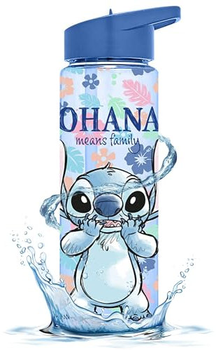 HOVUK Disney Stitch Water Bottle Flip Up Straw 600ml - Plastic Drinking Bottle BPA Free - Kids Reusable Water Bottles for Back to School Nursery Sports Picnic 3+years