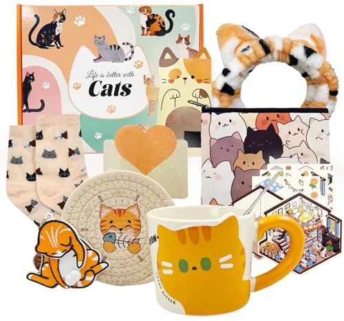SNAIL GARDEN Set de Regalo 10 Piezas para Amantes de los Gatos - Taza Gato, Monedero, Calcetines, Llavero y Accesorios - Detalle Original para Mujer en Cumpleaños