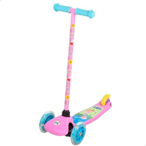 Peppa Pig 77759 Tretroller, 3 Räder mit Lichtern, 55 x 23 x 68 cm, ab 3 Jahren, max. 20 kg, stabil, rutschfeste Unterseite, Bunte Jeorge und Pepa Pig