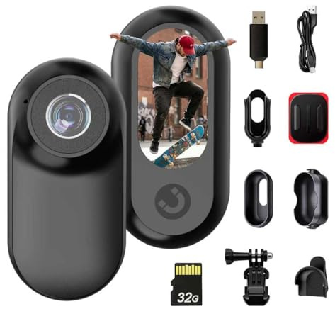fceoul Mini Body Camera 1080P, Action Camera with 1.0 Screen & 32GB, Thumb Camera for Cycling, Motorbike Helmet, Pets & Vlogging