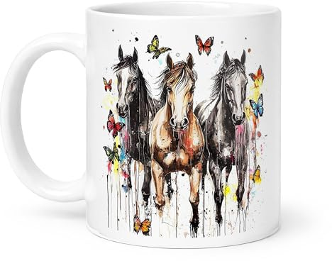 Spomo Running Horses with Colorful Butterflies Artistic Watercolor Style Vibrant Paint Splatter Effect Nature Inspired Ceramic Mug Gift for Animal Lovers