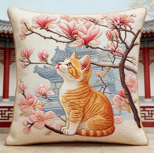 FanZheZhe Point De Croix Coussin Complet Set Chat 11ct45x45cm Coussin de Broderie Décoration Point de Croix Pré-imprimé DIY pour Adulte la Chambre