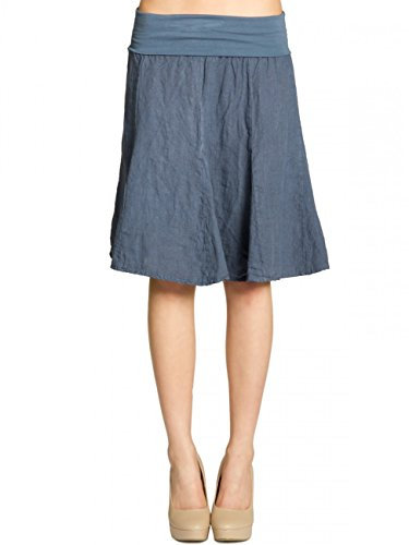 Caspar Damen Midi Sommer Leinenrock Knielang Sommerrock mit Stretch Bund - RO014, Farbe:Jeansblau, Mode Größe:S-M