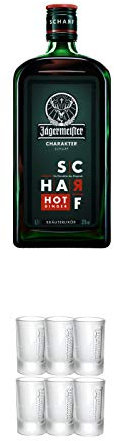 Jägermeister Charakter Scharf Hot Ginger aus Deutschland 0,7 Liter + Jägermeister Frozen Club Shot Glas 2 cl 6er Set