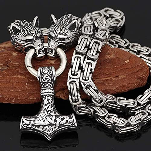 QQTQQ Männer Viking Wolf Kopf Anhänger Thors Hammer Halskette, Retro nordischen Edelstahl Amulett Schmuck, handgemachte schwere Königskette,Silver-60cm