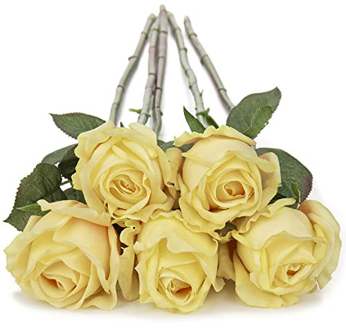 5 Stück Künstliche Rosen Gelb, Künstliche Blumen Wie Echt 61CM Ø8CM Einfacher Langer Stiel Kunstrose Realistischer Rosenstrauß für Home Wedding Party Office Valentinstag Dekoration
