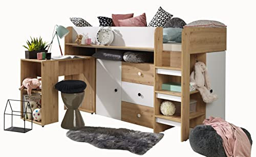 MEBLE KRYSPOL SMART 1 Hochbett für Kinder, Jugendliche mit Stauraum - Etagenbett mit Schreibtisch, Kleiderschrank, Regalen, Treppe - 203,3x106,6x125 cm - Eiche Handwerker, Weiß mat, Weiß + Schwarz