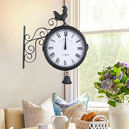 kangten Retro Wanduhr, Antik Stil Doppelseitige Bahnhofsuhr Metall Runde Hängenduhr Outdoor Dekorative 30x9x37cm für Garten Korridoren Veranda Bahnhof