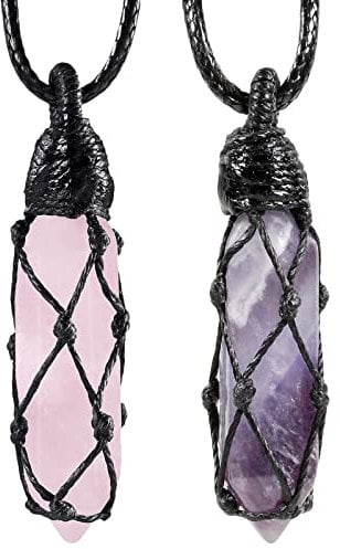 KYEYGWO 2 Stück Heilstein Punkt Anhänger Halskette für Damen und Herren, Kristall Sechseckiger Ketten Stein Paar-Anhänger Chakra Pendel Hexagon Schmuck, Amethyst & Rosenquarz