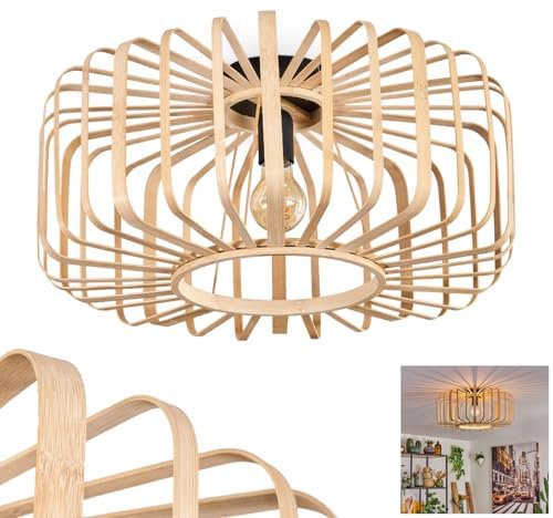 Deckenleuchte Oravi, Deckenlampe aus Metall in Schwarz, mit Bambus/Holz Schirm, Ø 50 cm, 1-flammig, E27-Fassung, Moderne Leuchte mit Lichtspiel, ohne Leuchtmittel