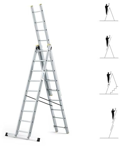 Escalera transformable 3 planos StablePro 3 x 9 peldaños aluminio extensible deslizante, 6 posiciones, altura de trabajo máx. 6,10 m, garantía de 5 años, Hostrom