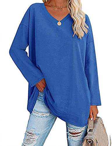 Famulily Loose Basic T Shirts Tops for Women Ladies Casual Long Sleeve V Neck Baseball T Shirt Tops Navy Blue XXL