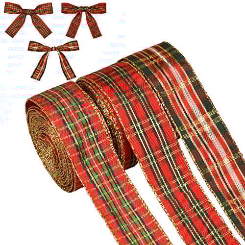 NAUZE 18 Yards Tartan Wired Ribbon Christmas Plaid Check Wired Edge Ribbon Gingham Ribbon for Wreaths Bows Xmas Tree Decoration
