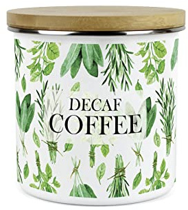 Purely Home Kitchen Herbs Decaf Coffee Canister - White & Green Metal Enamel Kitchen Food Storage Container