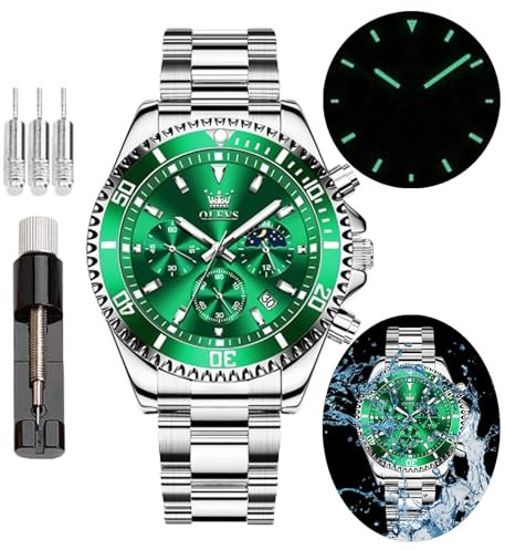 OLEVS Herren-Armbanduhr, Zifferblatt grün, modisch, analog, Quarz, wasserdicht, Chronograph, goldfarben, silberfarben, Edelstahl, Business, Klassisch, Gw-g2870-3, Armband