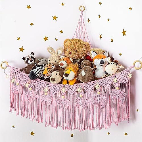 Makramee Spielzeug Aufbewahrung Kuscheltier Aufbewahrung Netz mit Sternenlicht, Plüschtiere Stofftier Hängend Spielzeug Organizer für Kinderzimmer, Boho Ecke Wand hängende Veranstalter (Rosa)