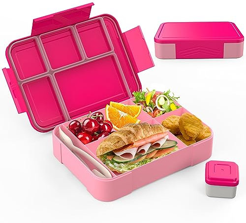 SWVIODMT Brotdose Kinder mit Fächern, 1300ml Lunchbox Kinder, Bento Box mit 5 Fächern Besteckset, Auslaufsichere Lunch Box für Kindergarten, Schule, Picknick, Ausflug (Rosa)