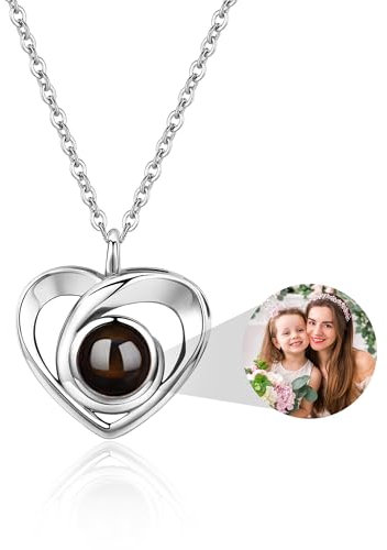 Easycosy Christmas Gifts Photo Necklace Personalised Projection Necklace with Picture Inside - Custom Heart Pendant Jewelry in Silver 925-Birthday Memorial Xmas Gifts for Women Mum Girlfriend Daughter