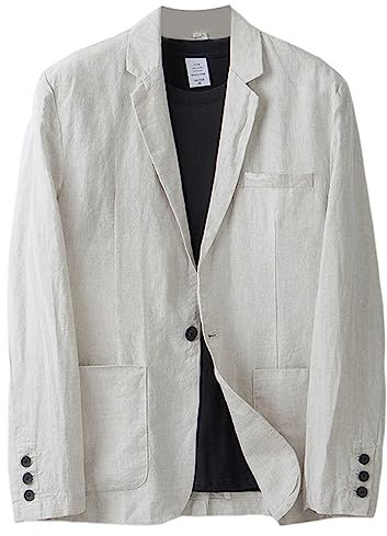 GIBZ Blazer Homme Veste De Costume Lin Couleur Unie Décontractée Costumes Une Seule Ligne Un Seul Bouton Coupe Ample avec Pochette