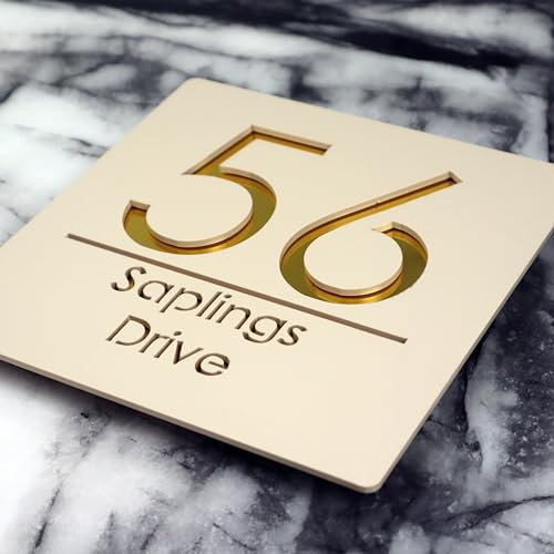 K Smart Sign | Bellissima S1 F31 | 180mm x 180mm | Acrylic 3d Laser Cut Contemporary house sign door number plaque address signs with Mirror and Marble Numbers (Matt Cream & Gold Mirror)