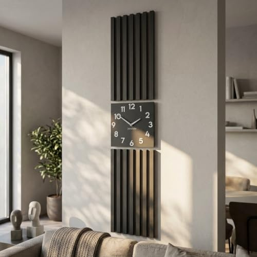 FLEXISTYLE Wanduhr groß Moderne Eichenholz Aufhängepaneel Lamellen 155x30cm ohne tickgeräusche modern Holz Natur Eiche Schwarz MDF holzoptik Wohnzimmer (Schwarz)