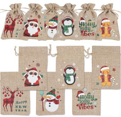24 Weihnachten Jutesäcke mit Kordelzug kleine hessische Geschenktüten für Weihnachten Party Favors…