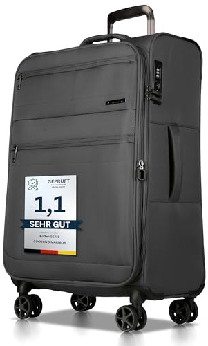 Cocoono Koffer Weichschale 64L bis 84L mit Dehnfalte – Stoffkoffer mit 4 Rollen – Reisekoffer Stoff TSA Schloss – Leichter Stoff Weichgepäck – Weichschale 4 Rollen (grau, L)