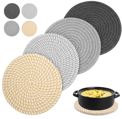 Lot de 4 Dessous de Plats Résistants à La Chaleur pour Plats Chauds,18 cm Dessous de Verre en Coton Tissé, Dessous de Plat en Fil de Coton Ronds, sous Plat de Table pour Casseroles,Poêles,Assiettes
